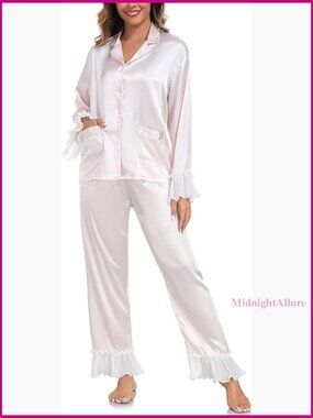 Silky Long Sleeve Pajama Set with Pockets Ruffle Hem V-Neck Lounge Wear